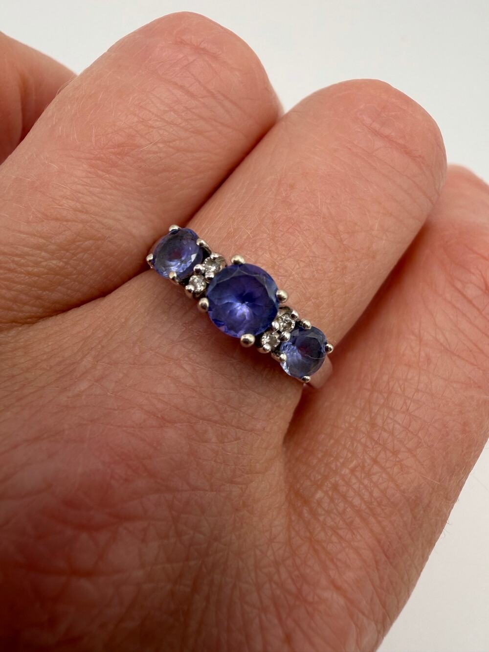 14K White Gold Tanzanite & Diamond Accent 3-Stone STS Past Present Ring Size 7